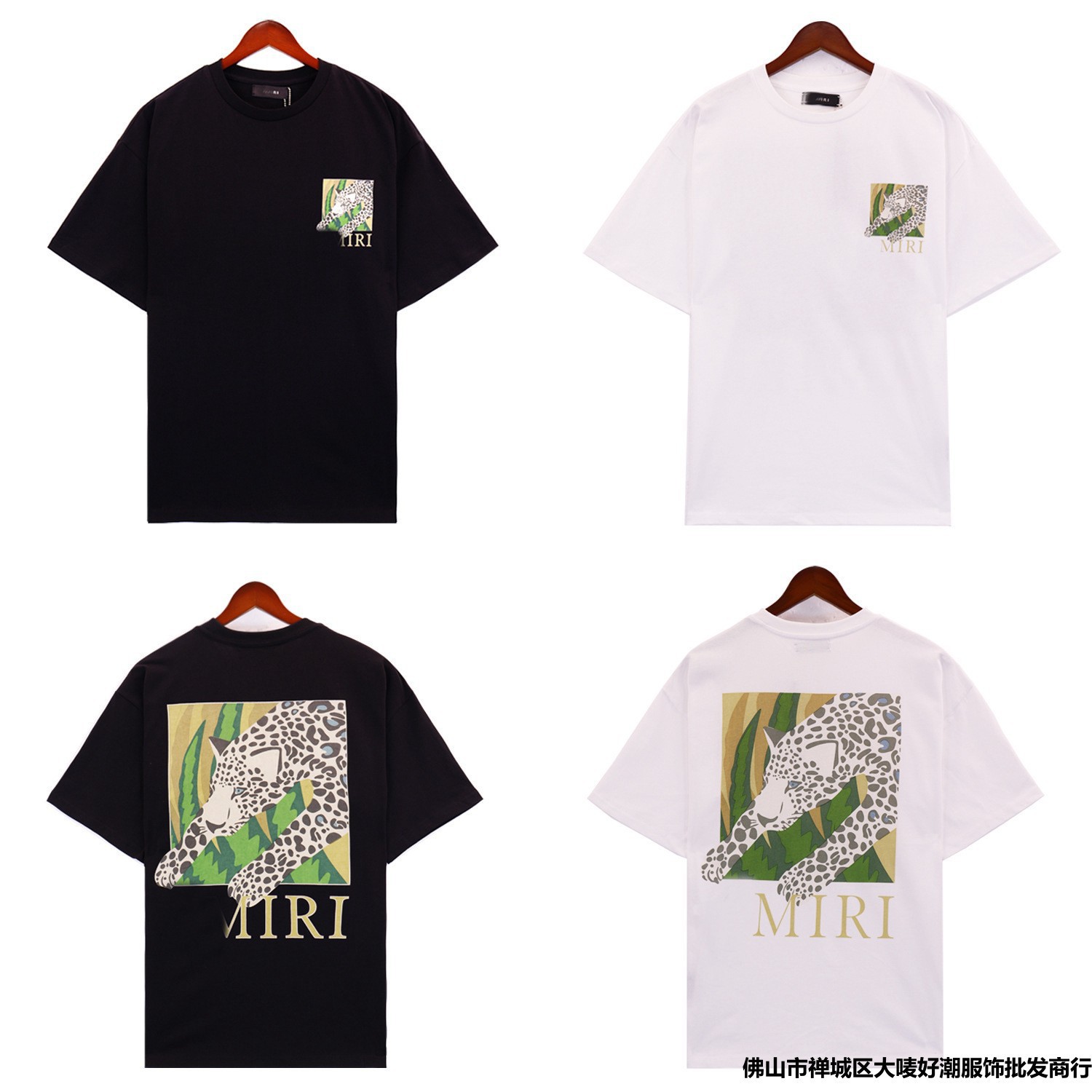 跨境新品AMIRIT恤潮牌豹纹字母印花宽松短袖美式男女上衣批发T恤