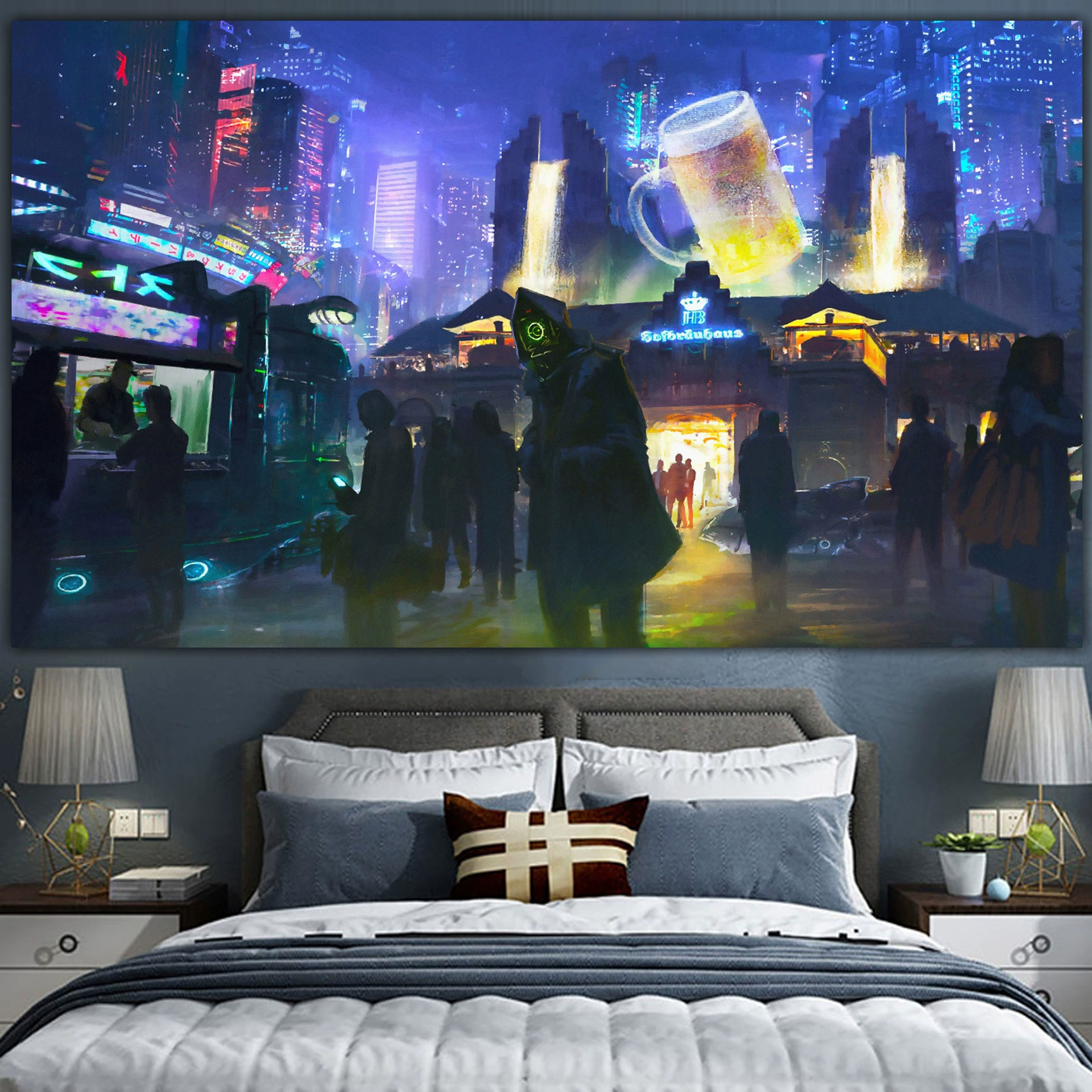 Постер cyberpunk неоновый город, размеры 38×65 см, 85×155 см, 110×200 см