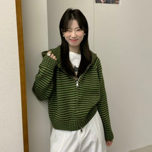 苏珊 韩系条纹连帽毛衣开衫女秋冬季新款宽松慵懒高级感外套27129