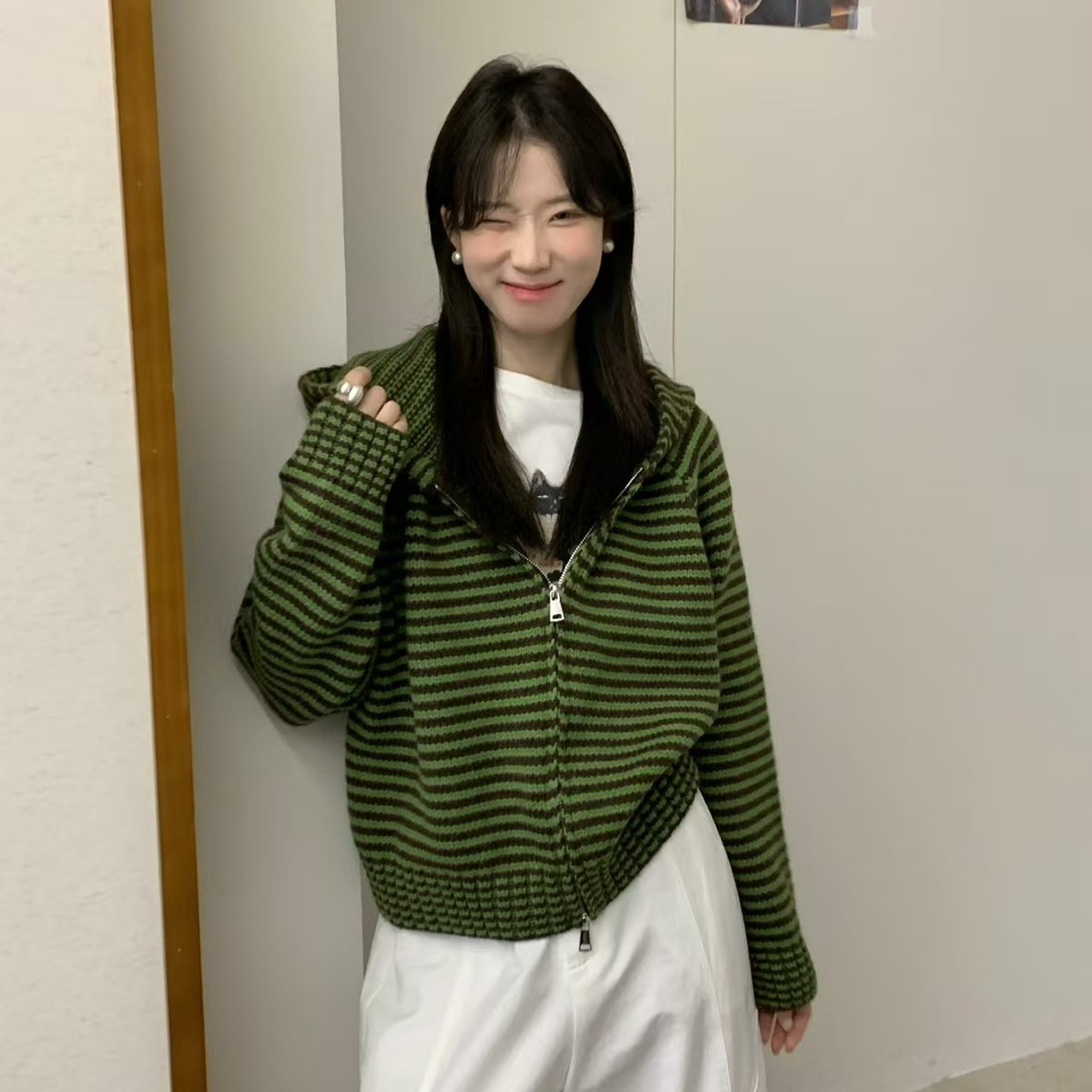 苏珊 韩系条纹连帽毛衣开衫女秋冬季新款宽松慵懒高级感外套27129