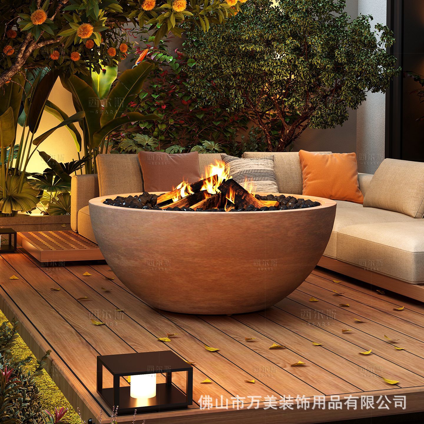 Modern round outdoor fireplace, courtyard patio, simulated flame device, villa project, real fire fireplace