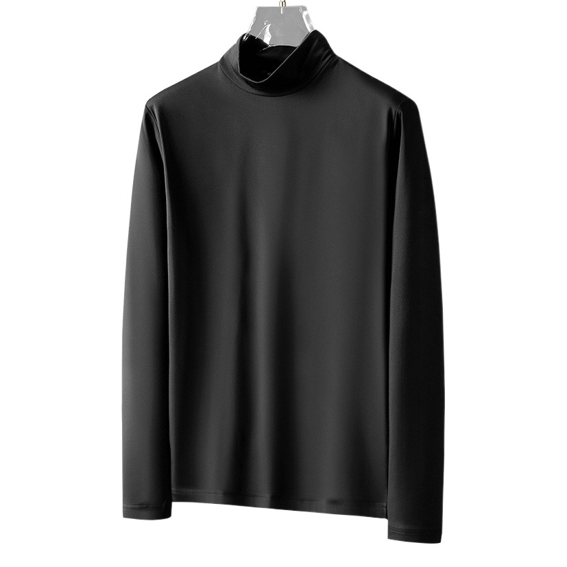 Camiseta de manga larga con cuello medio alto para hombre, con terciopelo fino tipo seda, forro polar cálido, camiseta de terciopelo alemán de doble cara.