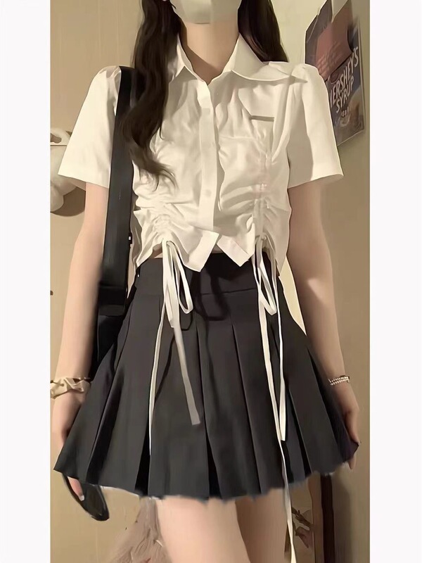 Two-Piece Set of Short-Sleeved Shirts for Women, Summer College-Style Shirts, Lace-Up Tops, Trendy Matching Pleated Skirts, Jk Short Skirts