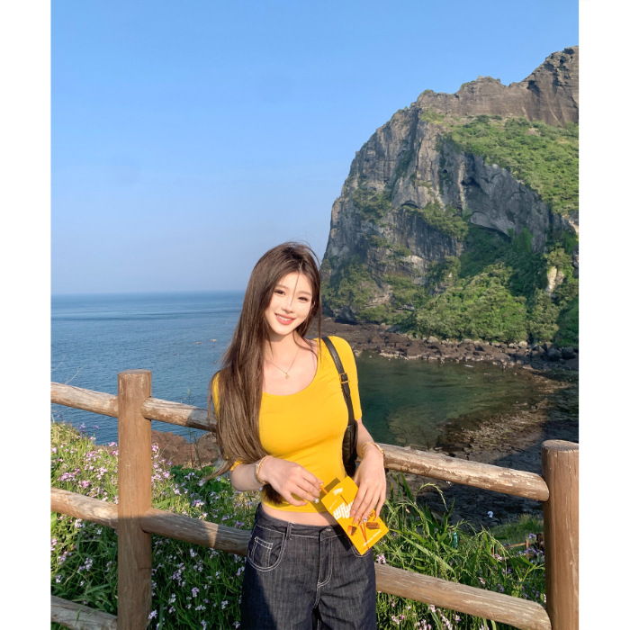 260克人棉芭蕾感中袖t恤女设计感夏季U领显瘦修身上衣|undefined