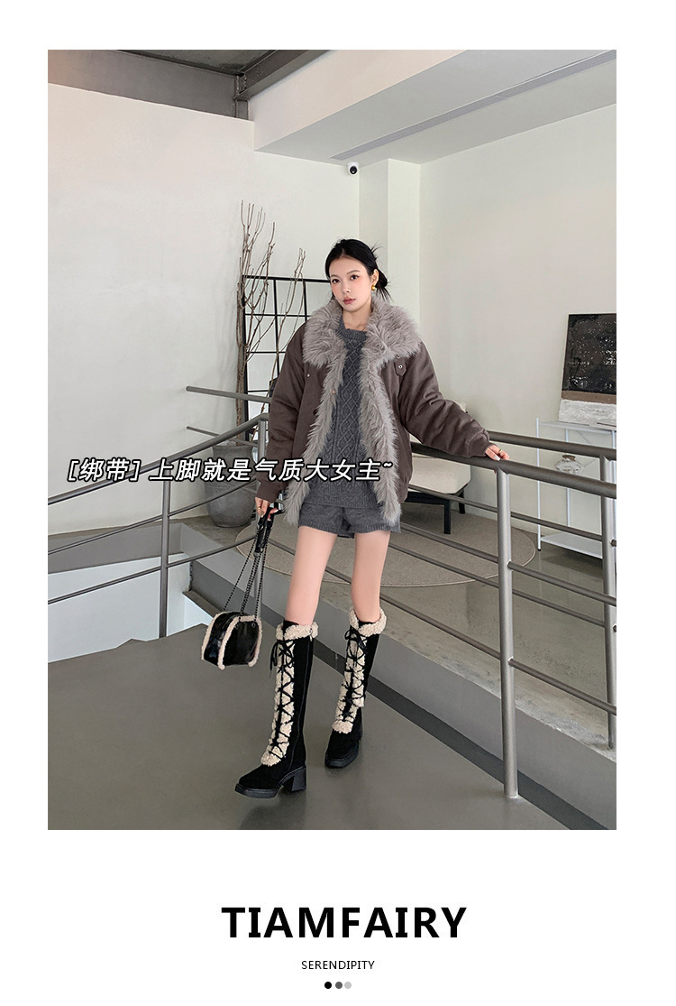 Boot nữ cổ cao ôm bắp chân lông cừu nhân tạo, mũi vuông, gót thô, khóa kéo bên, phong cách cổ điển — màu nâu chi tiết 2