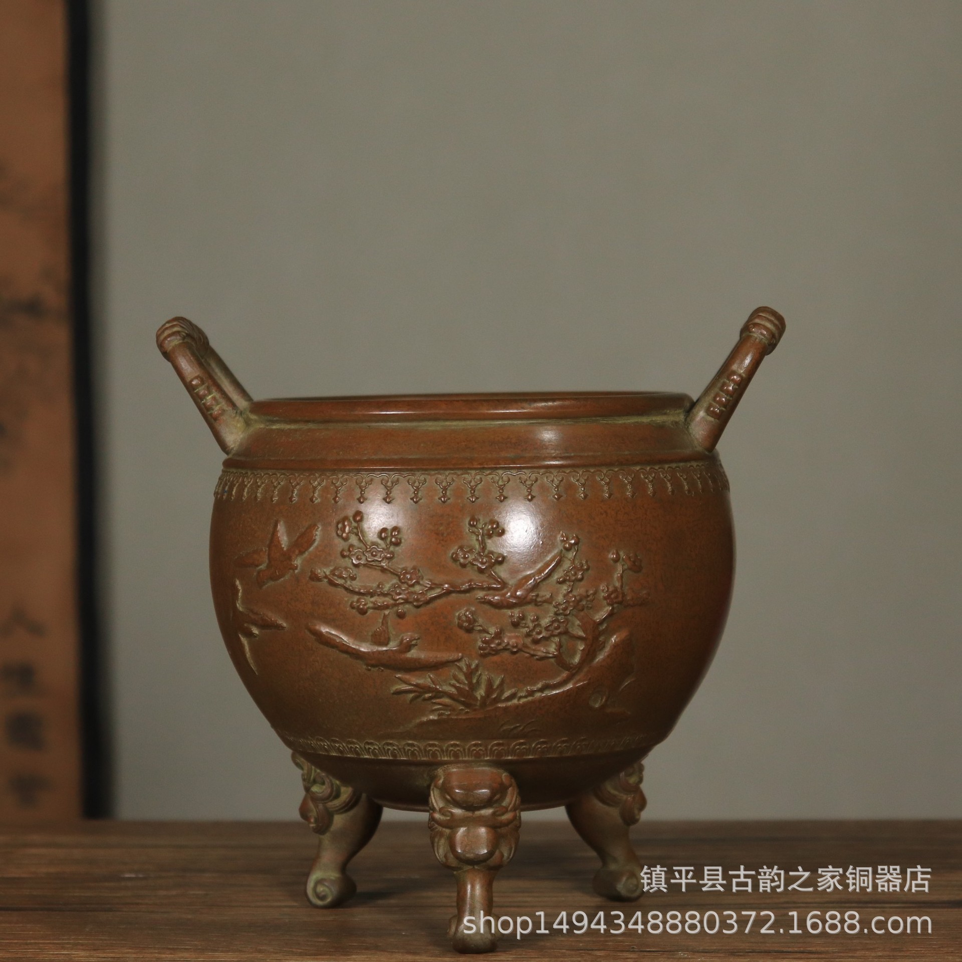 纯铜雕花三足香炉三足圆鼎摆件办公室客厅店铺书房桌面摆设装饰品