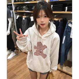 美式白灰色卡通印花连帽卫衣女秋冬季新款小个子韩系慵懒风外套