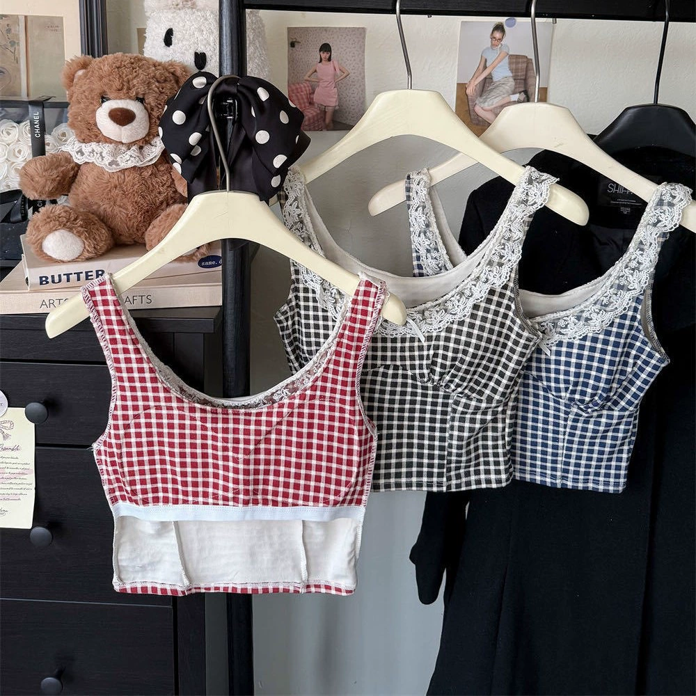 10103 Сладкий стиль в клетчатом кружевном топе