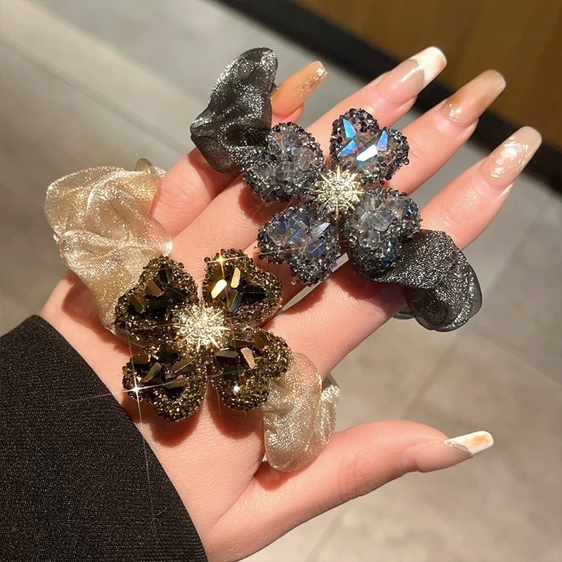 新しいスーパーフラッシュラインストーン四つ葉のクローバー大腸ヘアバンドヘアロープ女性のハイエンドヘアゴムバンドヘッドバンドヘアアクセサリー|undefined