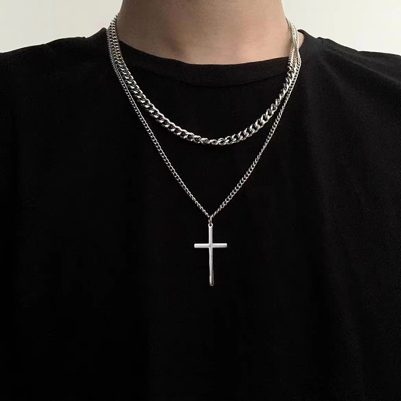 Titanium steel double-layer cross necklace Cuban men's fashion disco hip hop women's personality all-match sweater sweater chain accessories