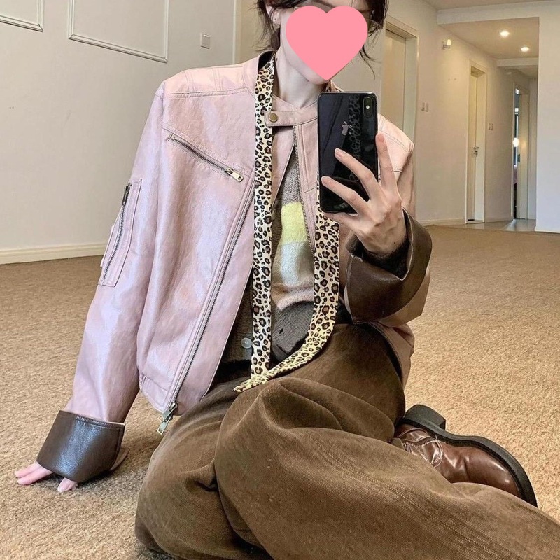 美式复古酷飒风撞色皮衣外套女秋季独特超好看廓形休闲夹克上衣|undefined