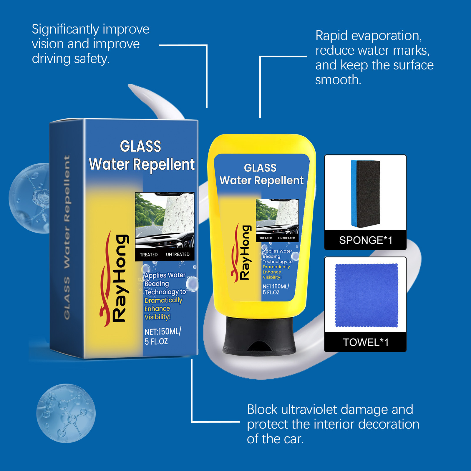 Rayhong Car Glass Oil Film Cleaner, Car Window Windshield Cleaning, Rain-Proof and Anti-Fog Car Glass Cleaner