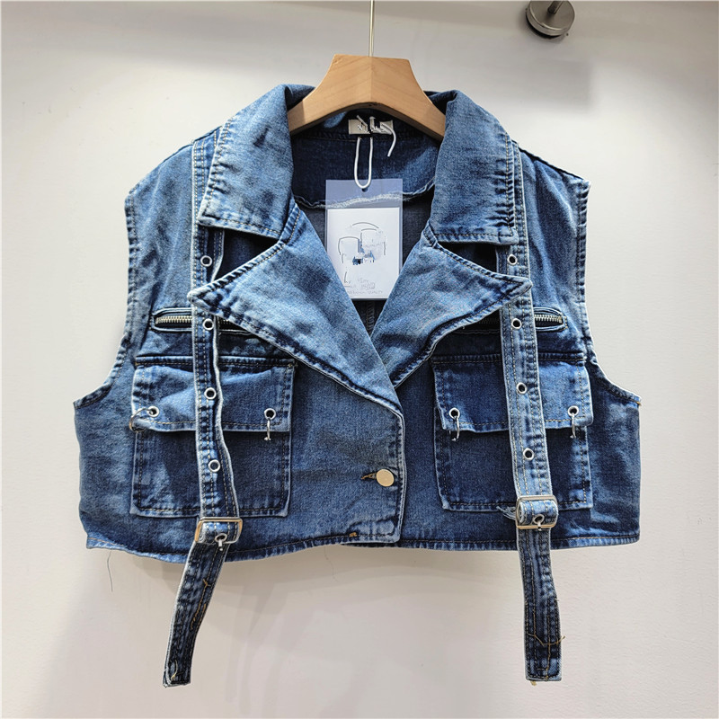 Estilo europeo y americano nuevo diseño personalidad edad-reducción Rosa ropa de trabajo gran bolsillo cinta Denim chaleco abrigo para las mujeres