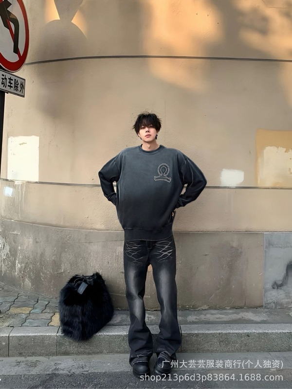潮牌重磅手工喷绘CH秋冬新款套头圆领硅胶拼烫钻情侣款圆领卫衣|undefined