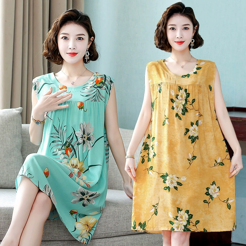 Летняя хлопково-шелковая ночная рубашка, платье без рукавов, свободная домашняя одежда большого размера, пижама средней длины, юбка с принтом для среднего и пожилого возраста