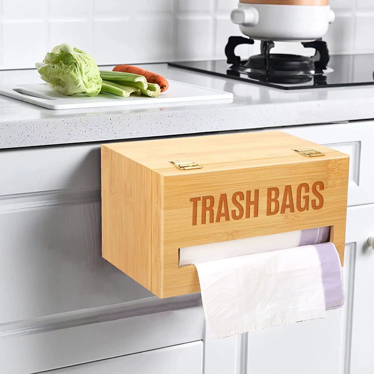 跨境竹制保鲜膜收纳盒悬挂式木质厨房墙上食物保鲜袋垃圾袋储物盒