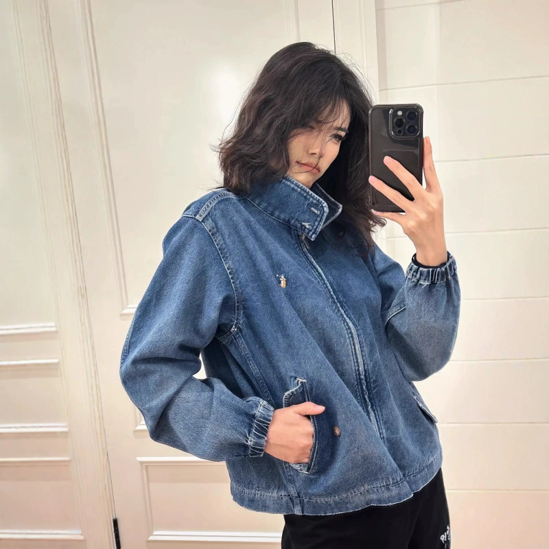 High Version Rl Stand Collar Denim Jacket with Pony Embroidery, Fashionable Washed Retro Trendy Jacket, Unisex
