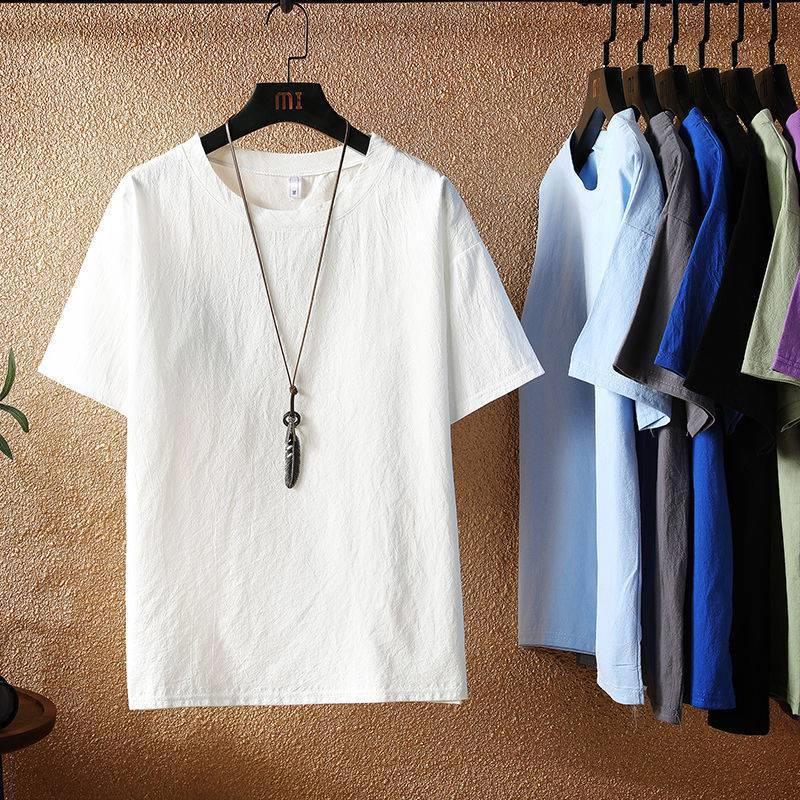 Cotton Linen Short-sleeved T-shirt Men's Loose Round Neck Chinese Style Retro Trendy Brand plus size Solid Color Base Shirt Men's Top T-shirt