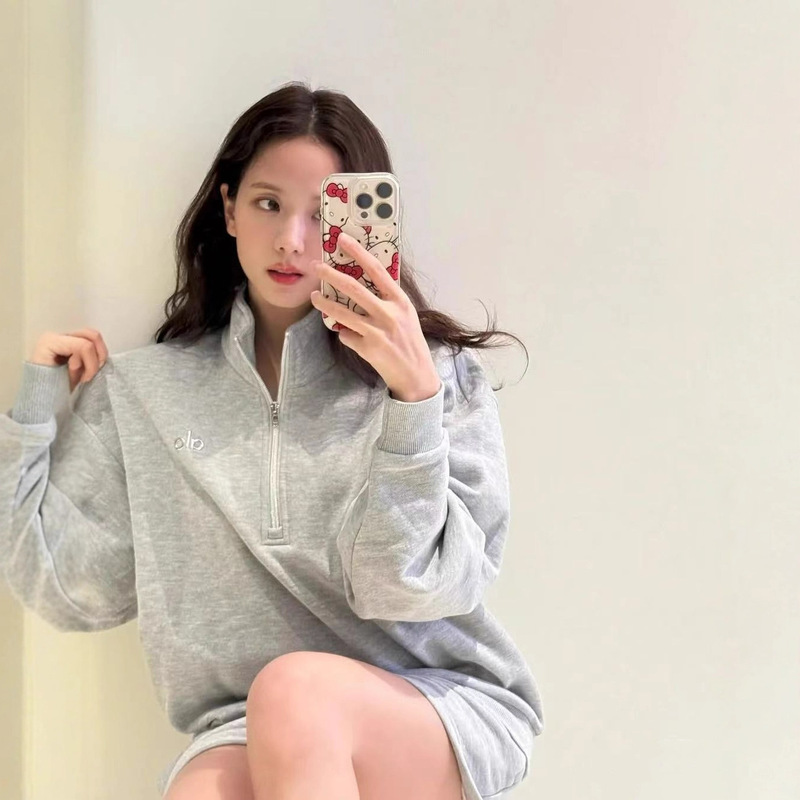 现货早秋新款金智秀 Jisoo同款alo半拉链卫衣女宽松立领显瘦外套|undefined