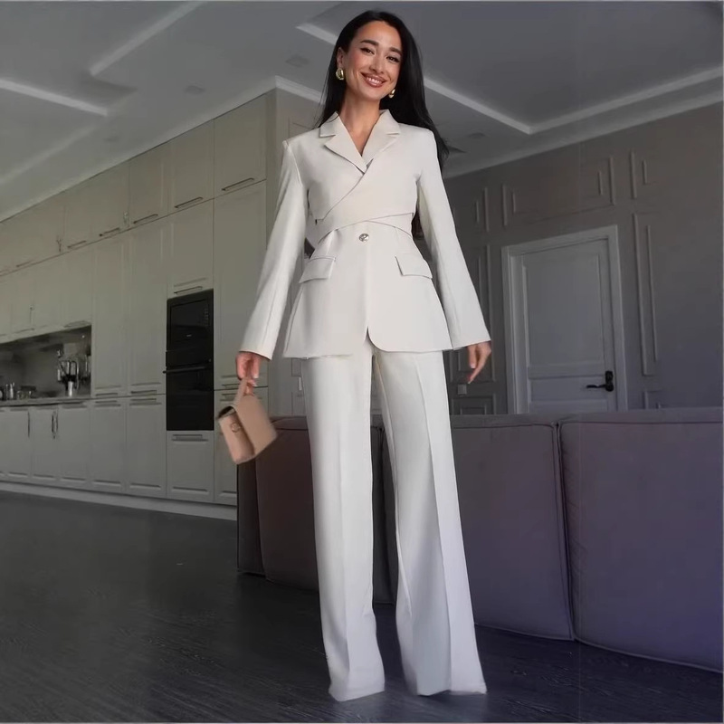 2026 Autumn New Cross-Border European and American Foreign Trade Women's Elegant Lapel Cross-Over Slimming Blazer Jacket and Straight-Leg Pants