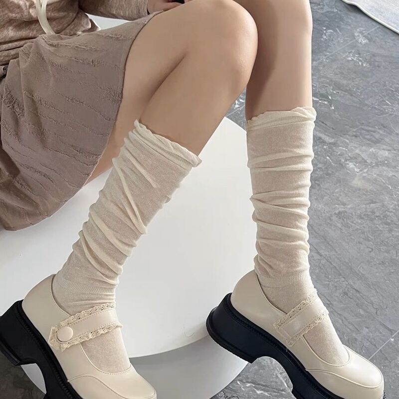 Foot Socks Children's Spring and Autumn Thin High Color Value Bubble Mouth Stitching Socks Japanese creamy-white Stockings Piled Socks