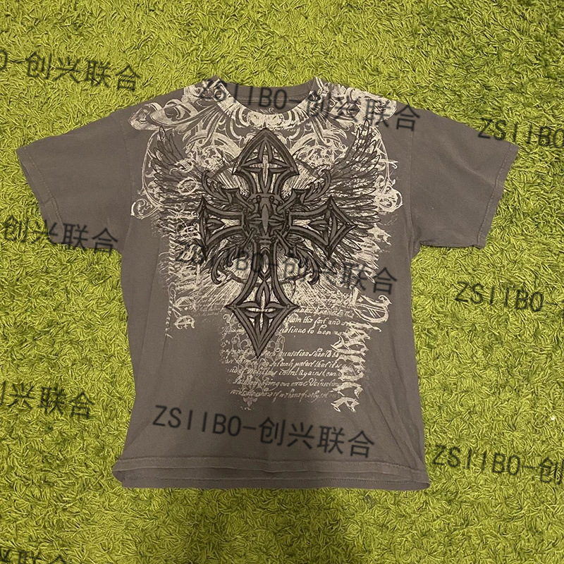 灰绿十字架整件印花高质量重磅棉男款T恤女装宽松短袖欧美外贸