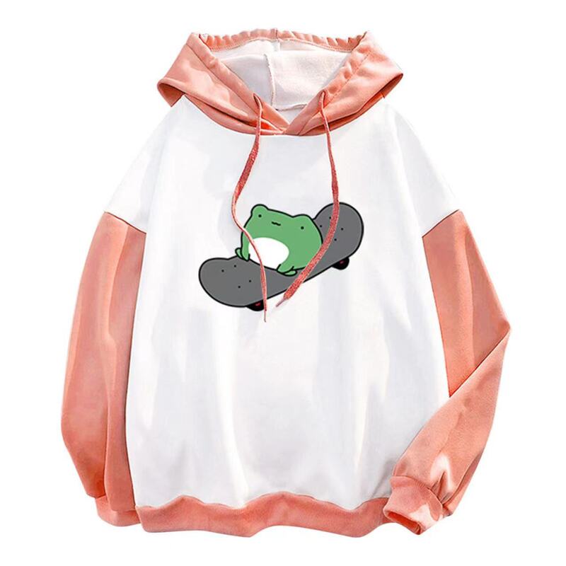 2023 autumn and winter foreign trade Amazon wholesale Women's hoodie fleece-lined stitching frog print top