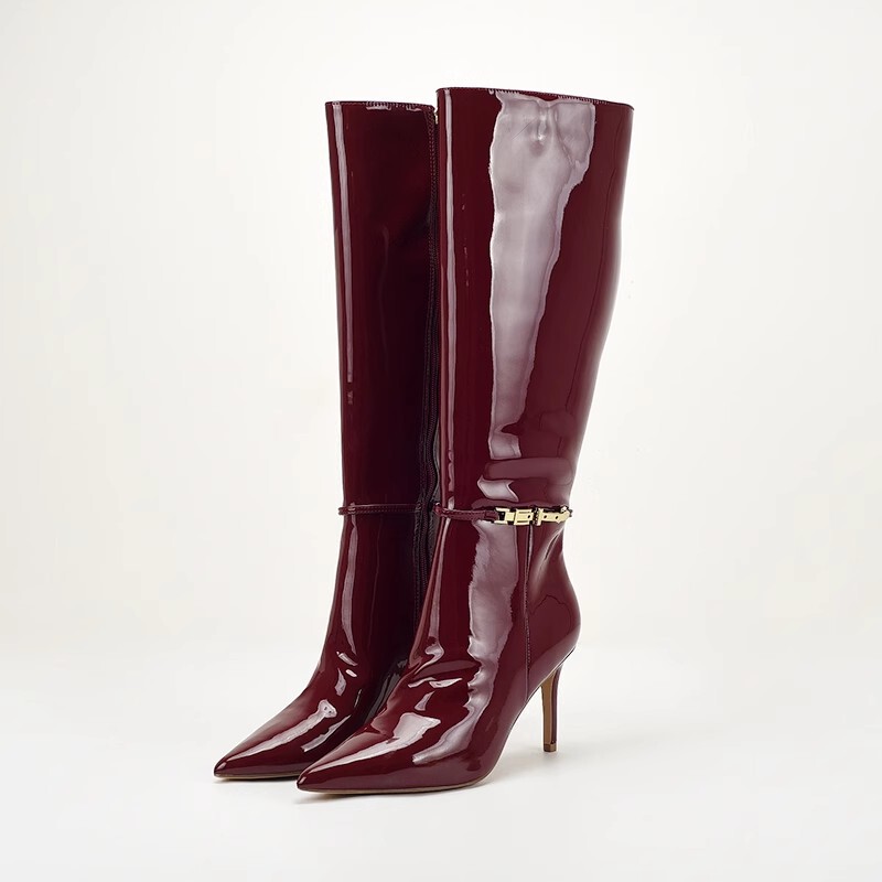 Foreign Trade U.S. Original plus size 4344 Wine Red Patent Leather Pointed High Heel Belt Buckle Zipper High Boots for Women Foreign Trade U.S. Original plus size 4344 Wine Red Patent Leather Pointed High Heel Belt Buckle Zipper High Boots for Women