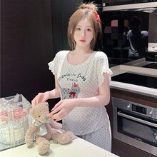 睡衣女夏季莫代尔棉简约波点灰色猫舒适可爱短袖长裤套装家居服