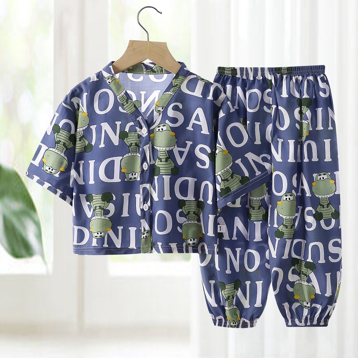 Pajamas de seda de algodón para niños, ropa de aire acondicionado de algodón artificial de verano, ropa para niños y niñas, ropa para el hogar de seda de algodón, dos juegos de ropa infantil