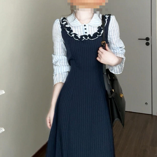 French-Style Faux Two-Piece Spaghetti Strap Dress for Women, 2025 New Korean Style, Atmospheric Outfit, Waist-Cinching, Slimming Long Dress