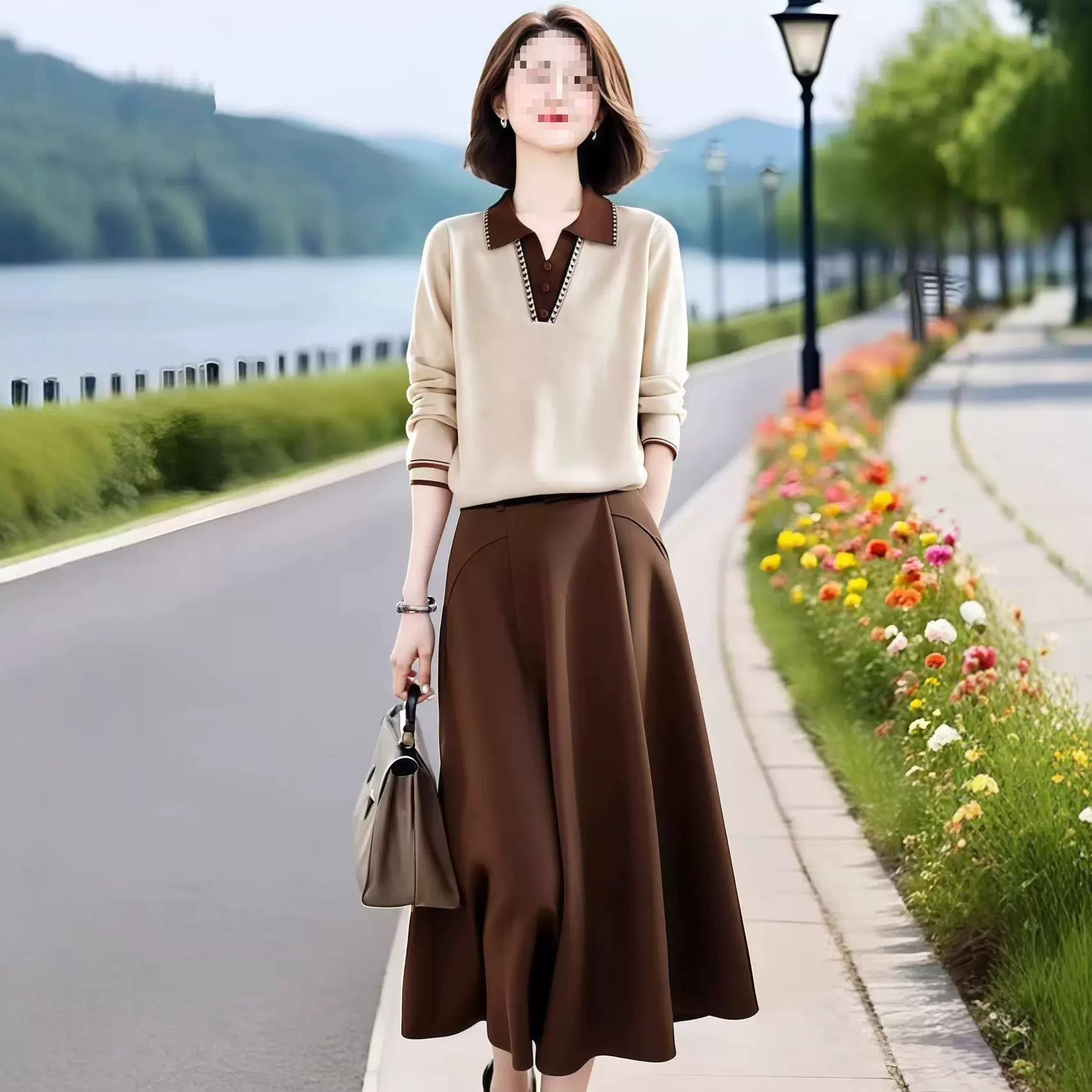 中老年妈妈穿搭一整套春秋季时尚洋气撞色翻领针织衫半身裙两件套