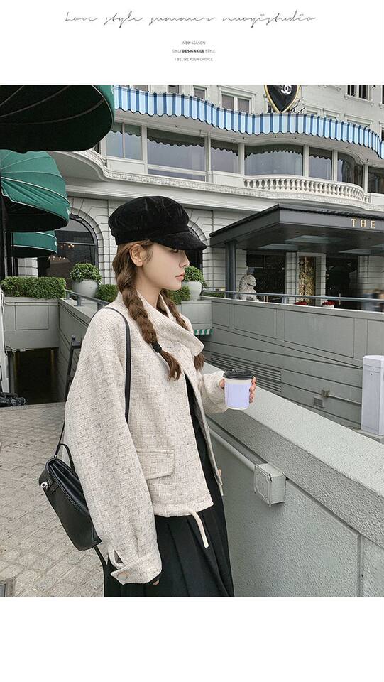 Áo khoác nữ dáng rộng ngắn cổ tròn phong cách thanh lịch — Vải cao cấp màu trắng nhạt có lớp lót chi tiết 25