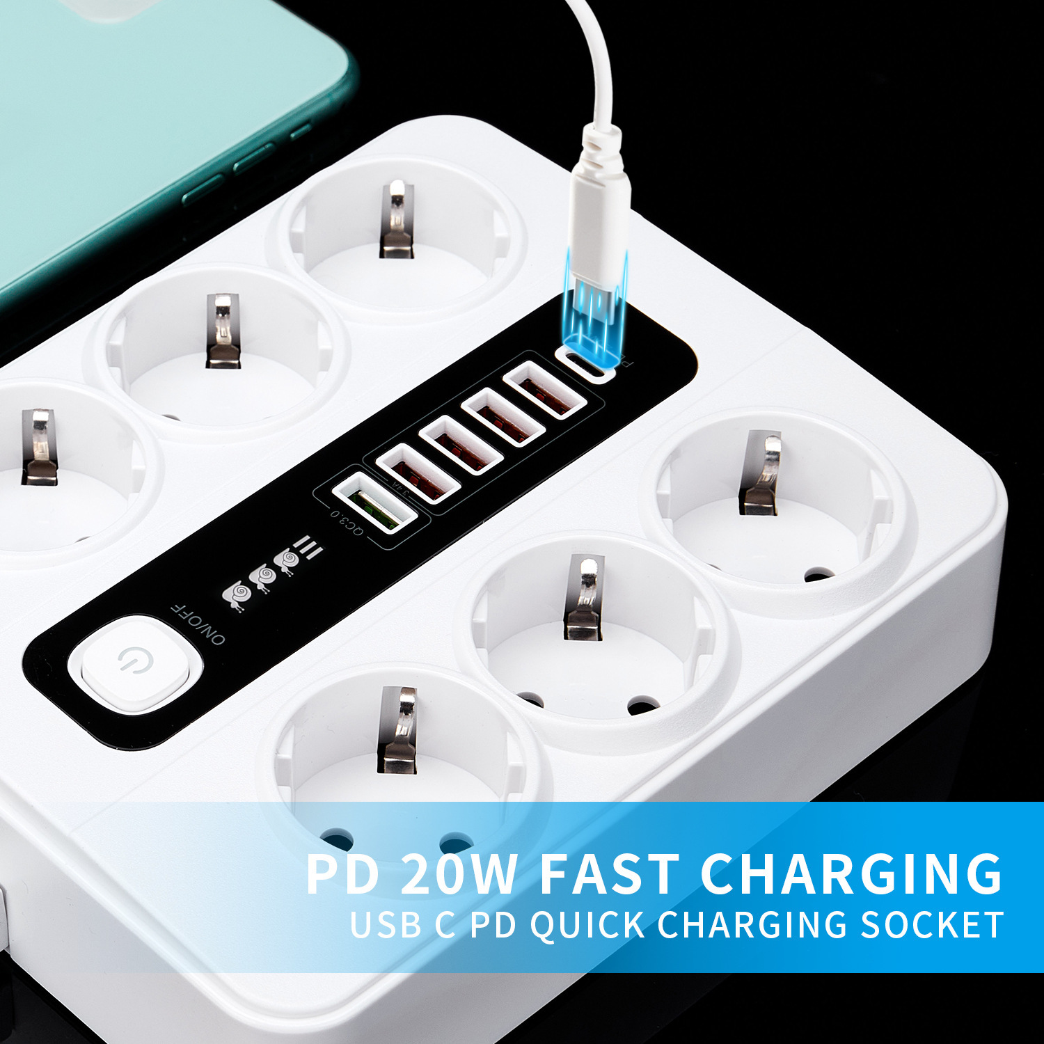 俄罗斯乌克兰欧洲国家专用孔六位延长线排插PD20W+QC3.0双快充插