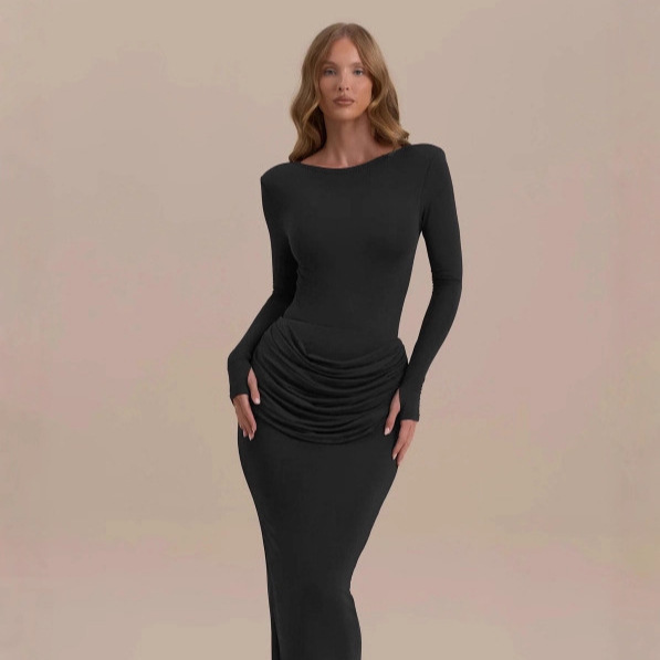 G25D271-2025 European and American Autum New Sexy Hip-Hugging Skirt Pure Color Round Neck Pleated Sexy Slim Dress