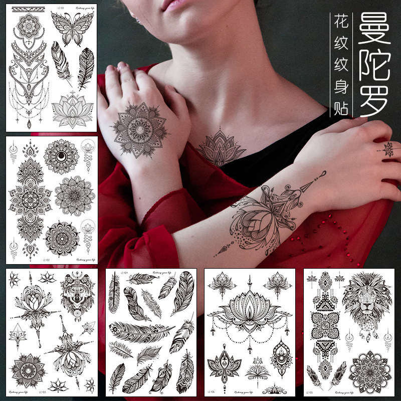 Cross-border Black Tattoo Sticker Retro Hand Pattern Tattoo Sticker Mandala Flower Collarbone Temporary Tattoo Sticker