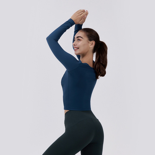 新款秋冬瑜伽服女紧身修身褶皱长袖健身上衣跑步透气运动健身服