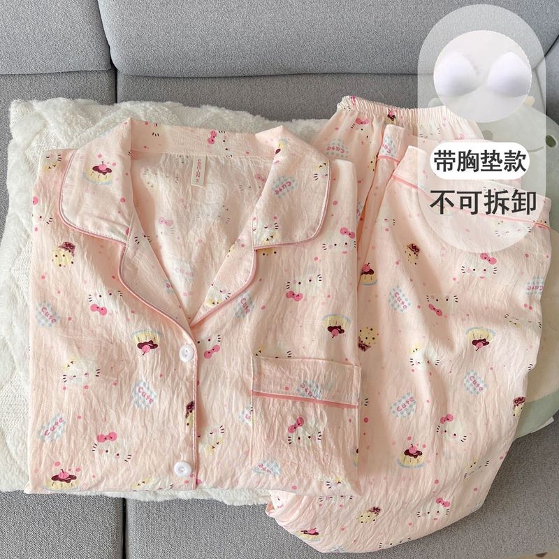 带胸垫波点腊肠狗云朵纯棉纱睡衣女款春秋夏季长袖套装卡通家居服|undefined