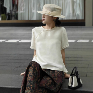 Nanyou Summer New Fashion Round Neck Chinese Style Shirt with Diagonal Placket Lace Sleeves Mulberry Silk Double Palace Short-Sleeved Women's Top