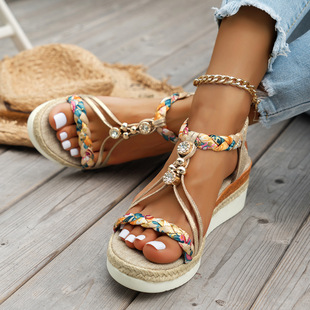 Cross-Border Large Size Ethnic Style New Style Rhinestone Decorated Wedge Fashion Beach Ladies Elastic Band Sandals Woven Women's Shoes