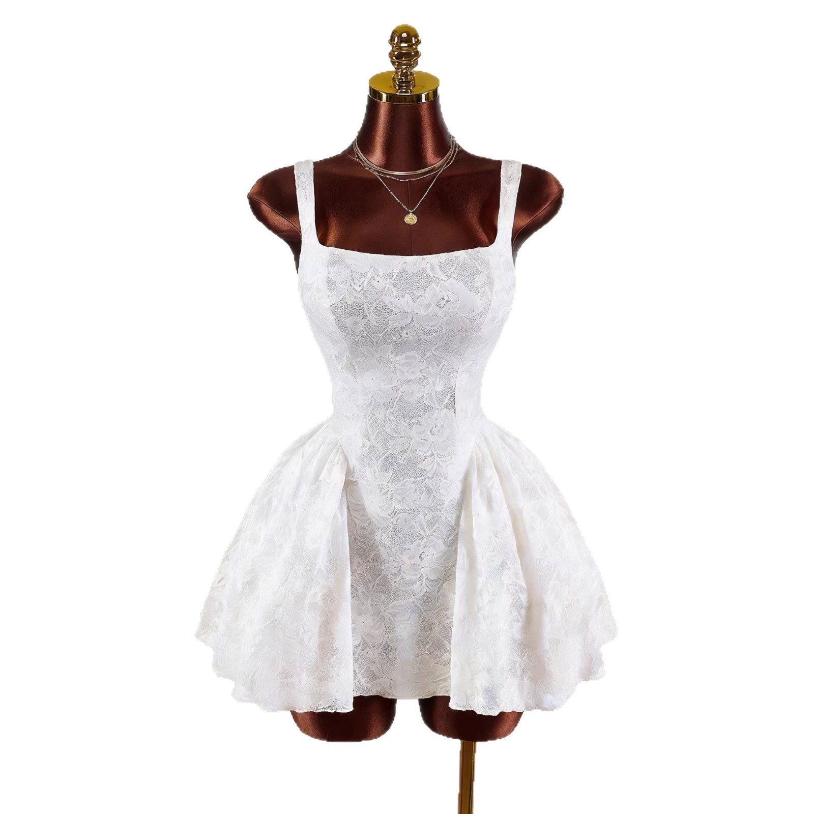 New Women's White Lace Dress, Square Neck, Wide Strap, Fitted Waist, Tulip Shaped Puffy Skirt_ecoleips.com