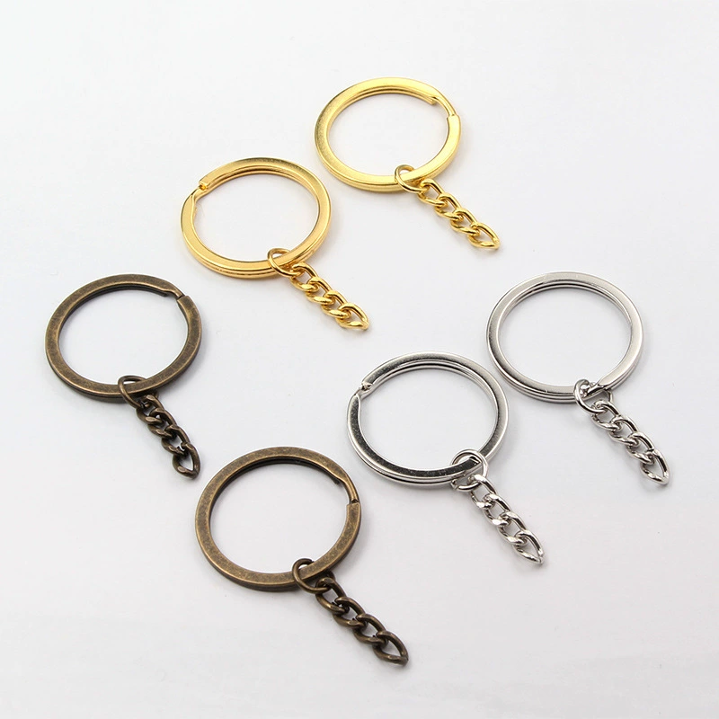 Оптовая Продажа с фабрики металлическая цепочка для ключей с плоским покрытием многоцветная многоразмерная 30 мм плоское кольцо двухслойная цепочка для ключей DIY