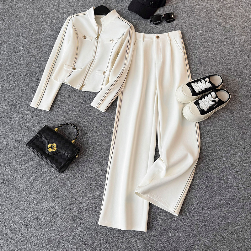Korean Style Casual Sports Suit for Women in Autum New Style Slimming Look Stand-Up Collar Zipper Long-Sleeved Sweatshirt and Pants Two-Piece Set