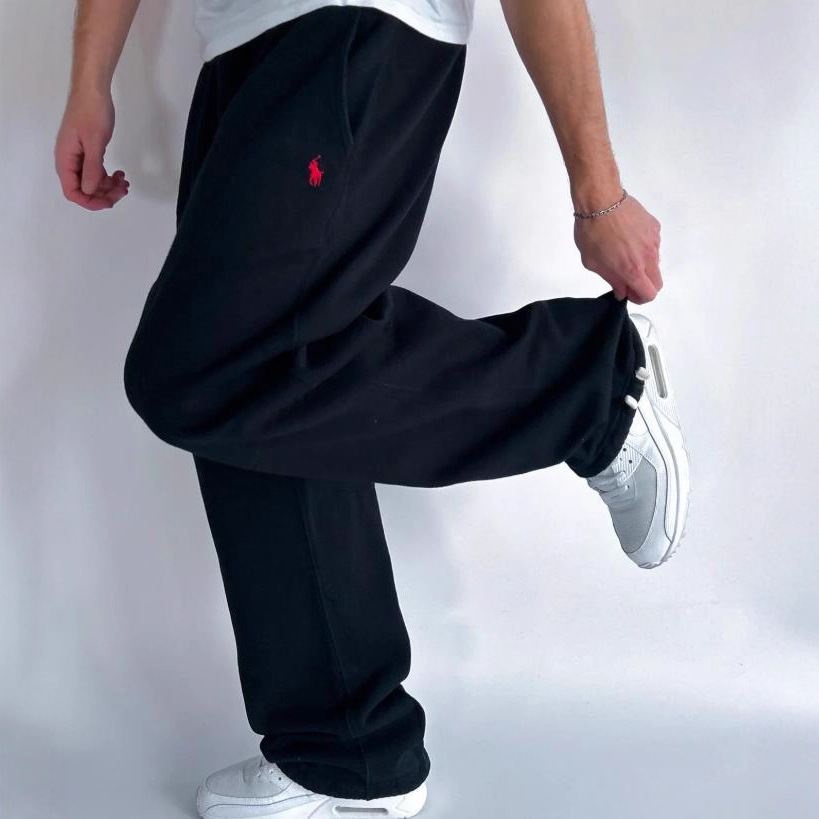 现货新款小马标刺绣复古街头简约松紧腰加绒宽松直筒穿绳束脚卫裤