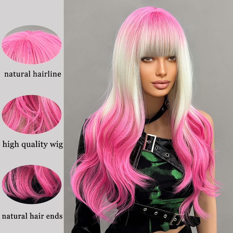 Curly Layered Wig Full Length Cosplay Style Gradient Beige Pink Wig For Women With Bangs Synthetic Hair Extensions_voghion.com