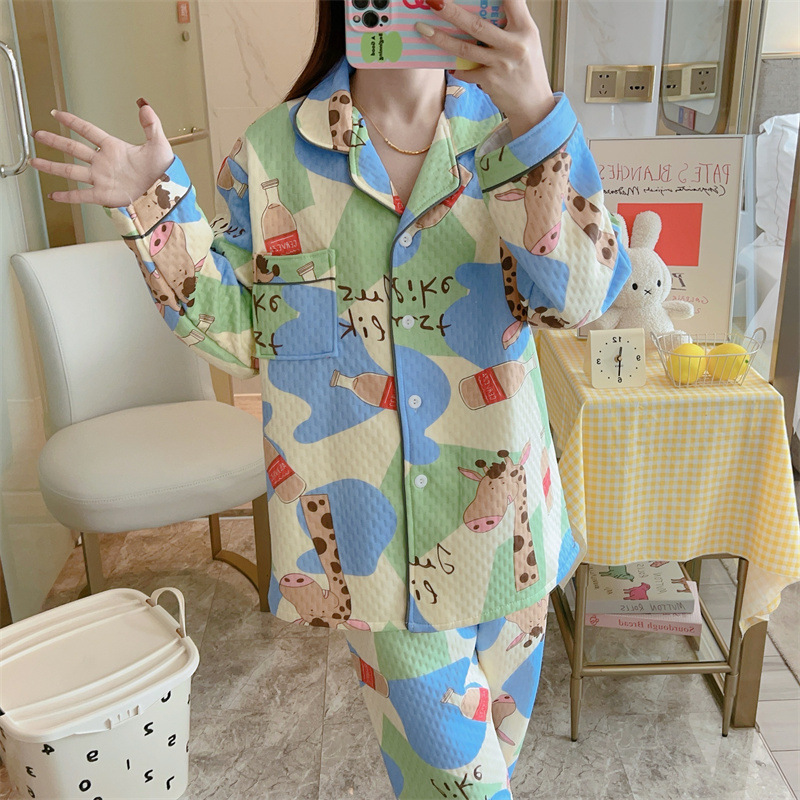 (2개) 봄, 가을 여성을 위한 새로운 잠옷, 퀼팅 라펠 가디건, 따뜻한 샌드위치 수트, 편안한 가을 겨울 캐주얼 홈웨어