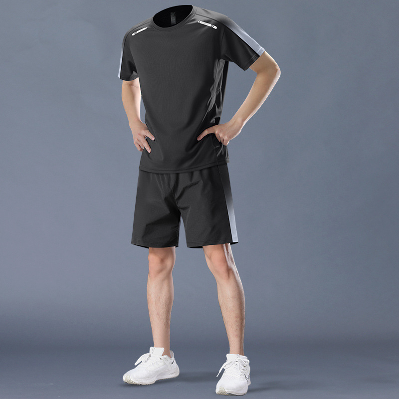 スポーツスーツメンズ速乾性夏ランニング半袖フィットネス服アイスシルク Tシャツショーツバドミントントレーニング服|undefined