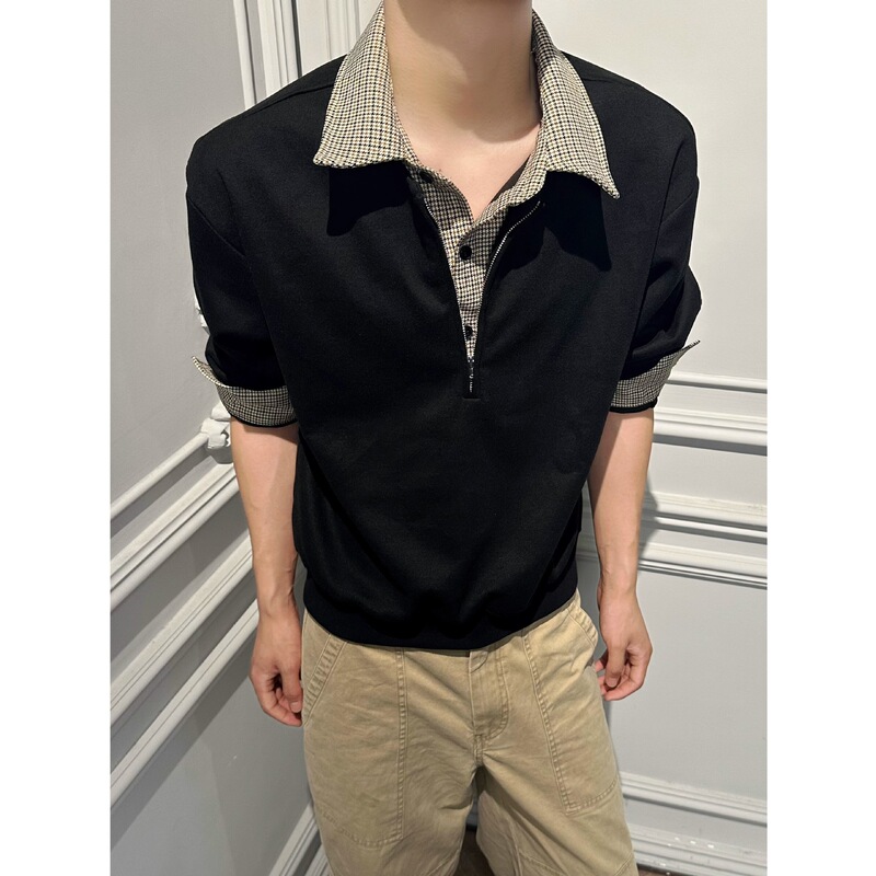 Tum Autum Fake Two-Piece Miu Polo Collar Sweater Men's Half-Zip Long-Sleeved Sweatshirt Cleanfit Old Money Style