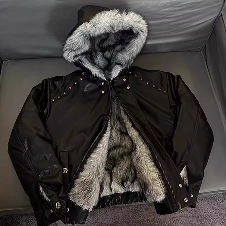 Black Spine Sculpture Heavyweight Mountain Eagle PU Leather Hooded Jacket Men's Winter Fleece-lined Thick Warm Cotton Coat with Fur Collar