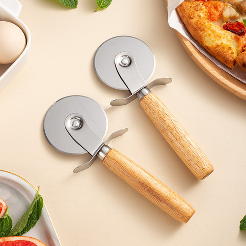 Stainless steel pizza wheel knife with wooden handle, pizza knife, pizza knife, hob, single roller pizza baking cutting knife